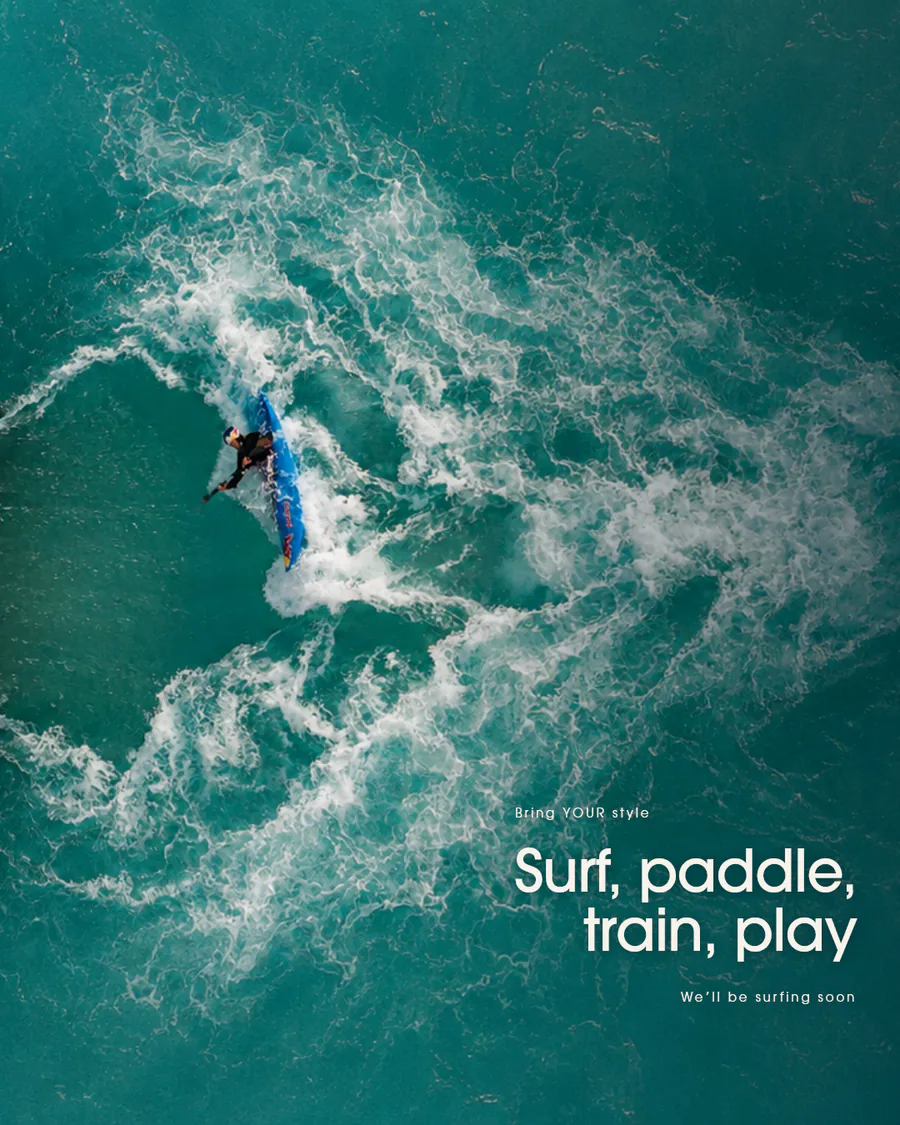 Aerial surfer graphic announcing the East Point Reef Club surf experience