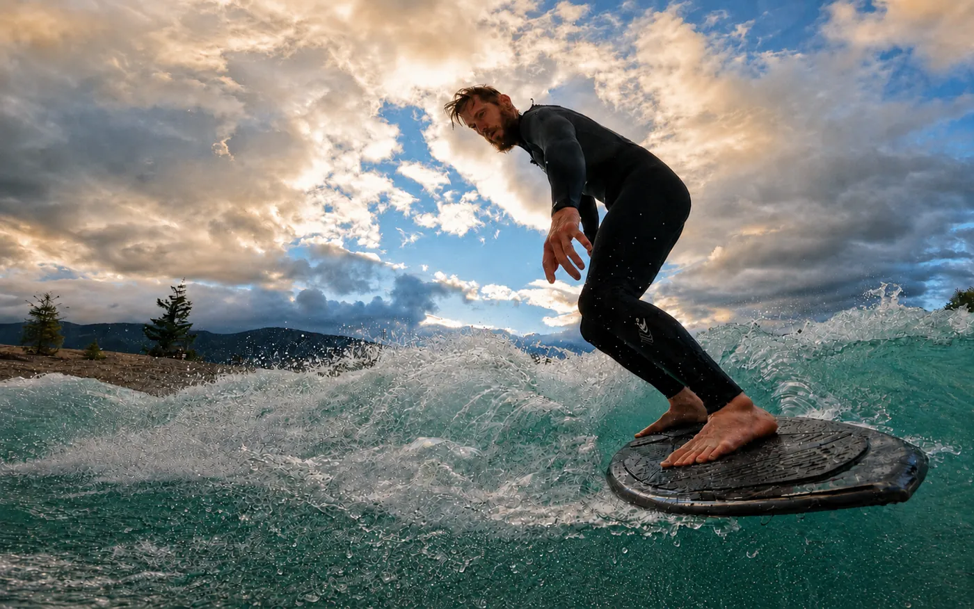 Surfer riding a wave beneath a mountain sky